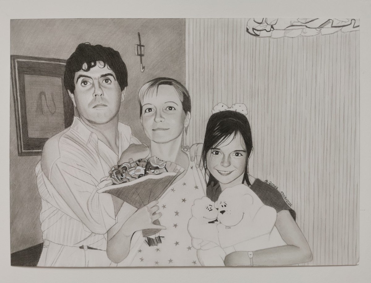 A pencil drawing featuring a family of three
