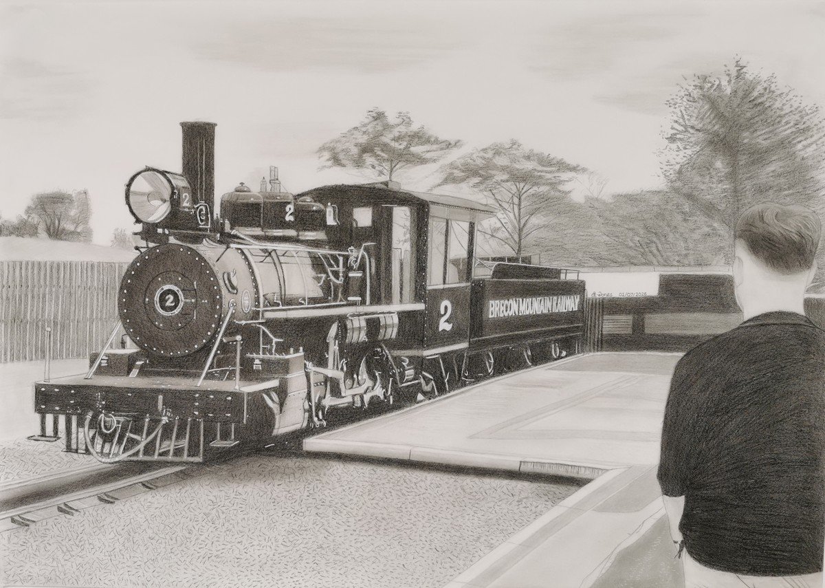 Graphite drawing of a steam locomotive and station