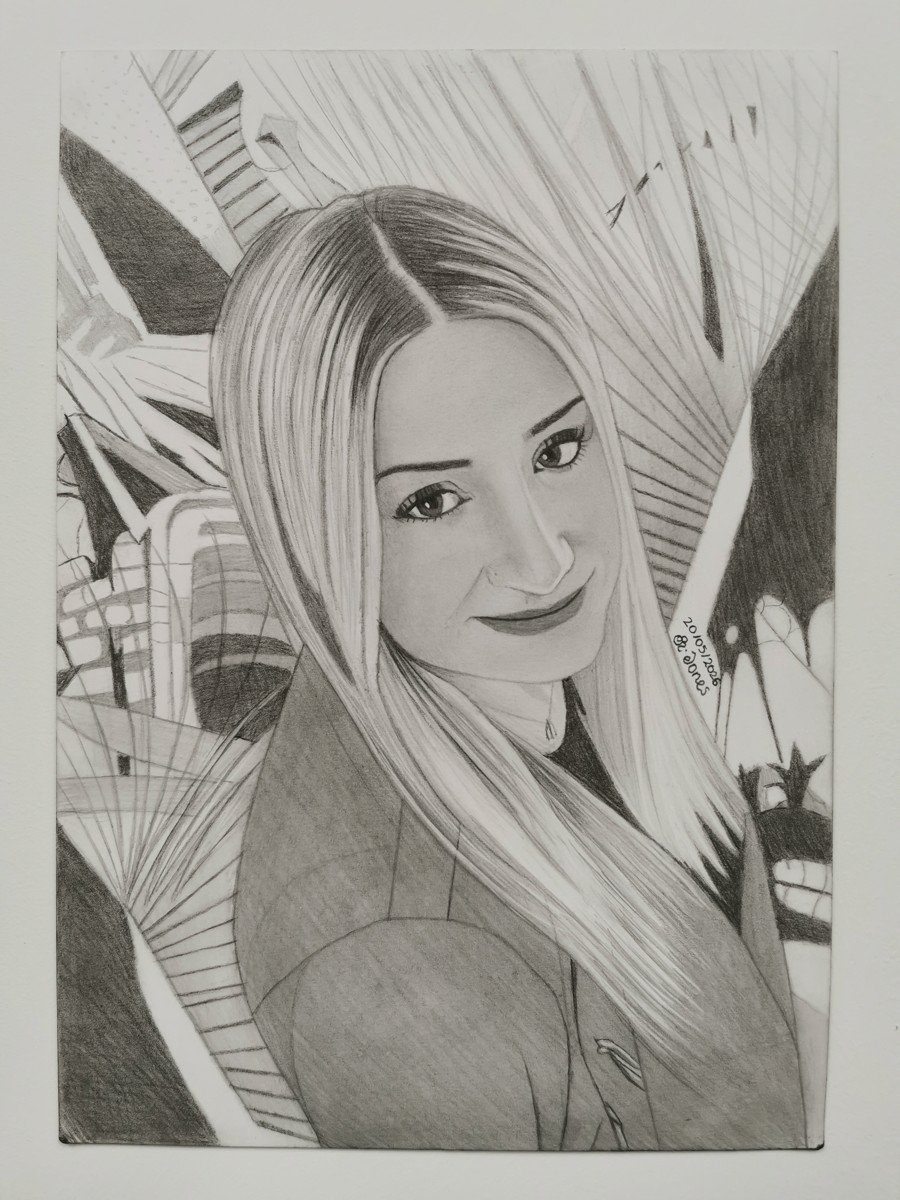 Graphite portrait of a smiling blonde woman