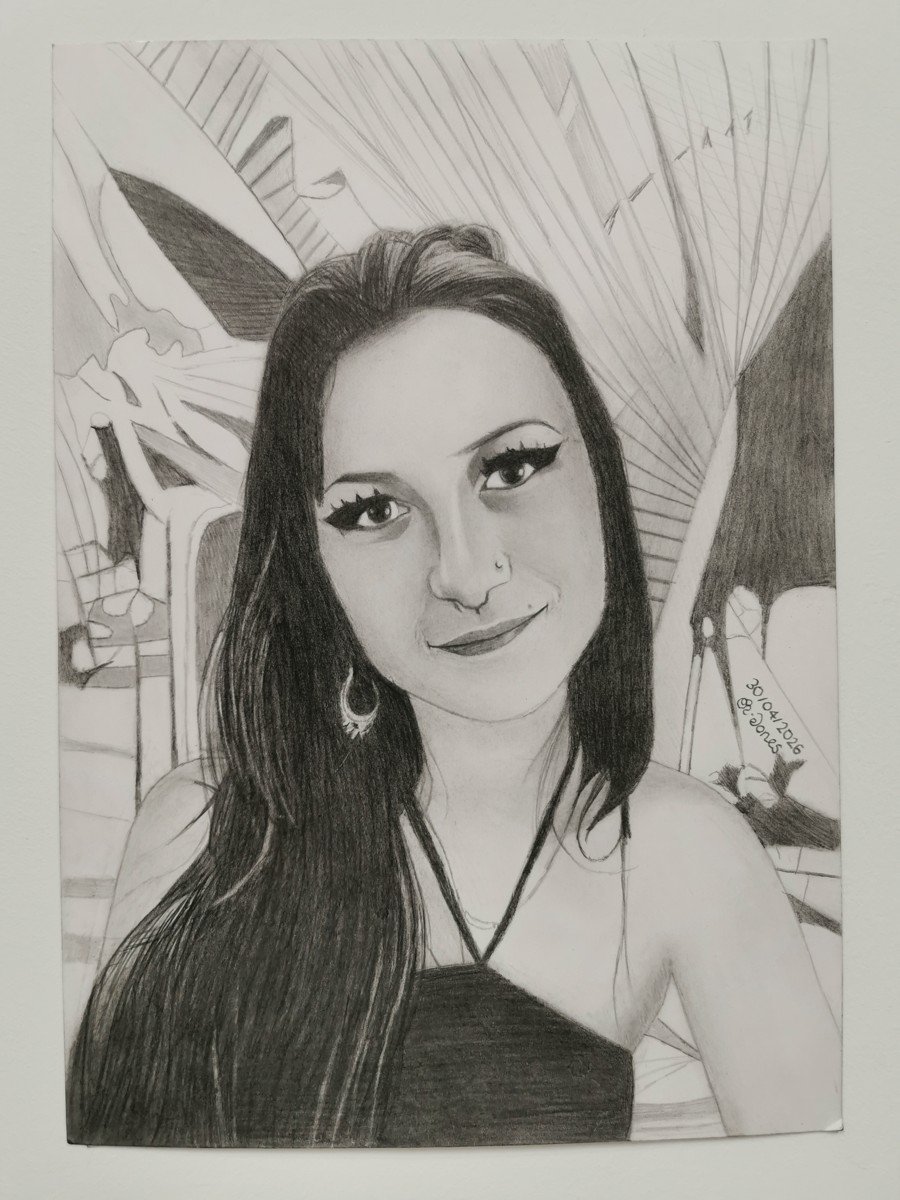 Graphite pencil portrait of a dark-haired woman