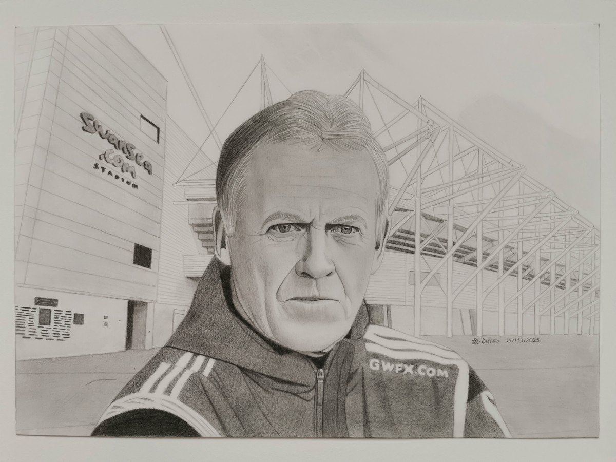 Portrait of a man with sporting stadium background rendered in pencil